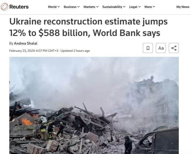 美媒Reuters援引乌克兰政府, 世界银行, 欧盟及联合国联合发布的报告报道,