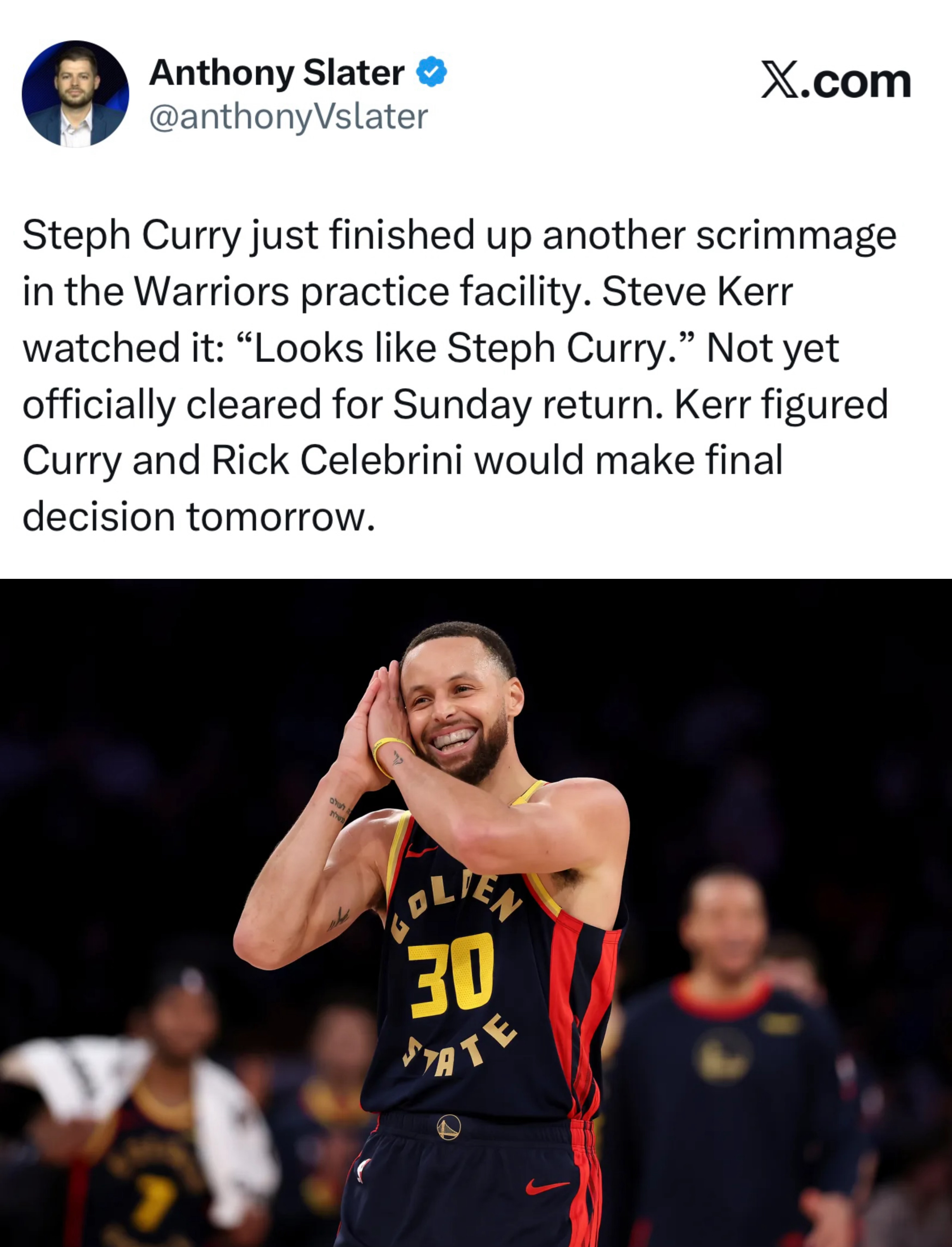 要来了？库里将在明天决定是否复出。 