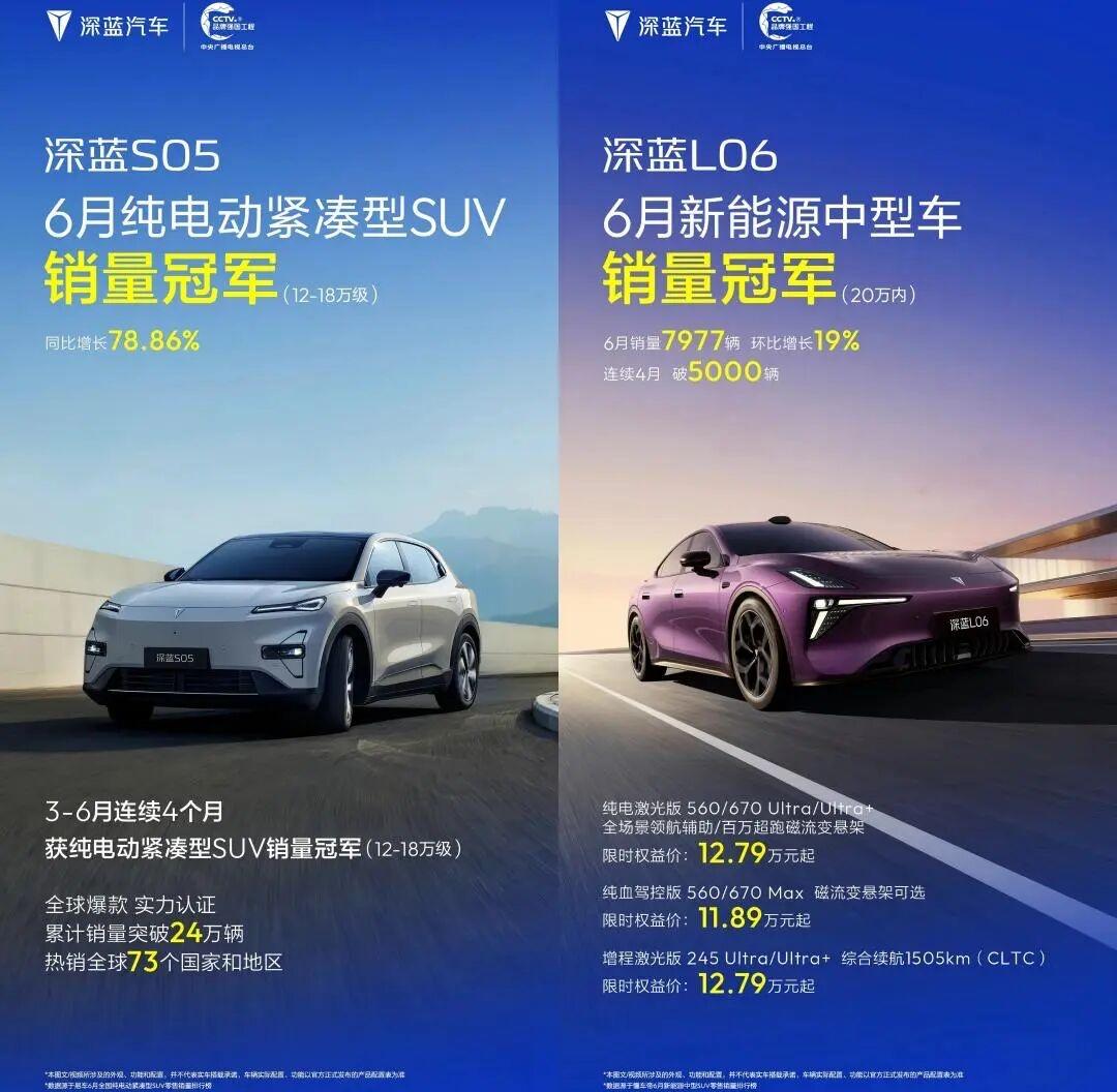 深蓝加冕双冠
近日，深蓝S05获6月纯电动紧凑型SUV（12-18万）销量冠军，