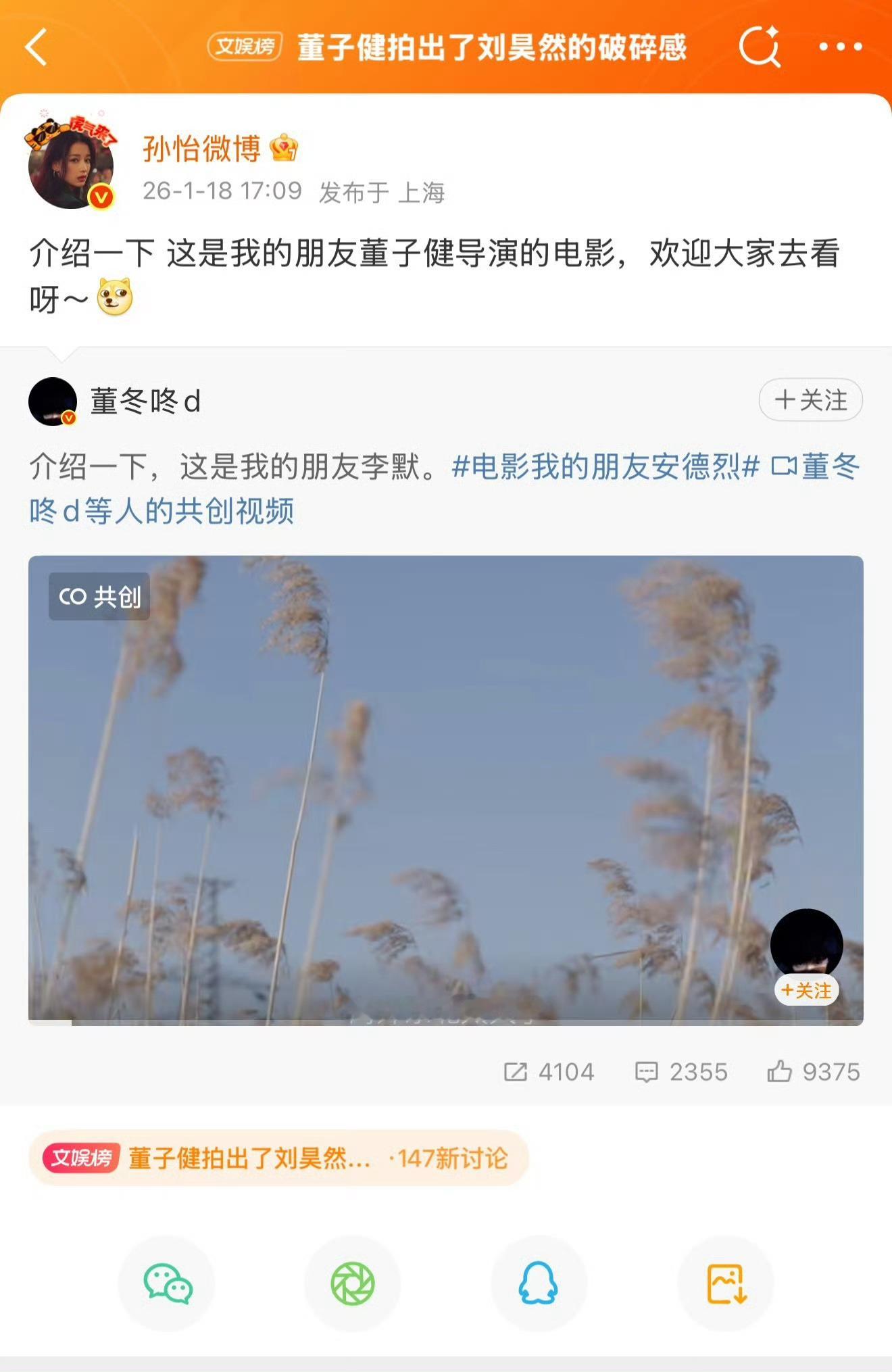 孙怡转发宣传了董子健的电影 孙怡 我的朋友董子健