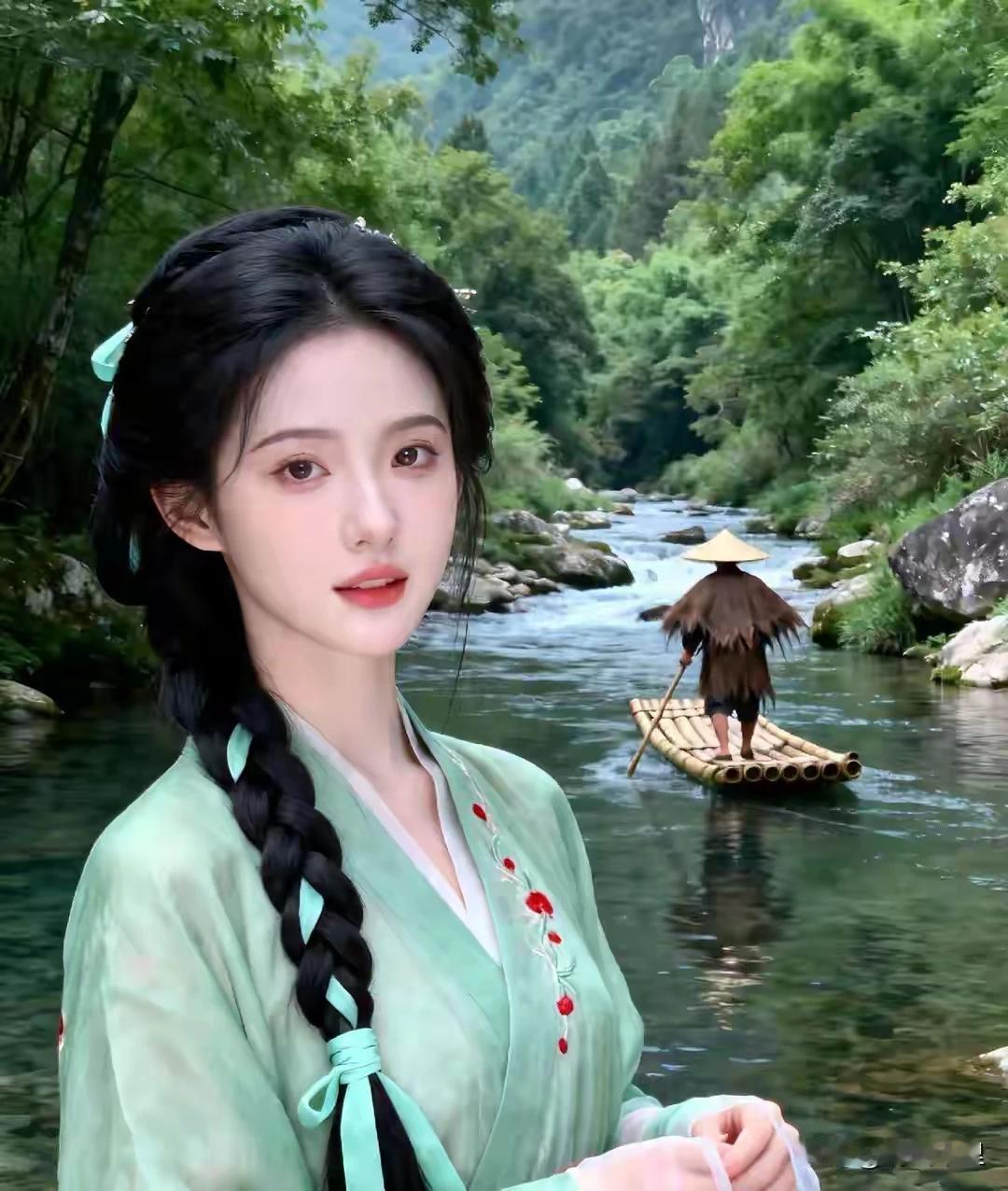 清风续句诗:
竹筏悠悠入翠微，
蓑衣一袭远尘非。
溪声鸟语长相伴，
空谷幽兰沁心