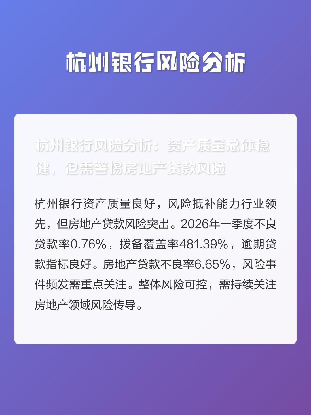 杭州银行风险分析

💡杭州银行资产质量稳健领跑行业，但为何房地产贷款不良率竟高