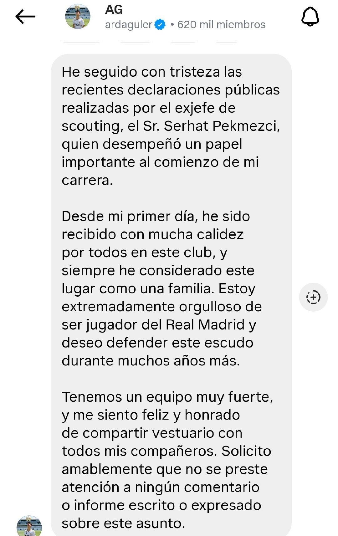 居莱尔在社交媒体的群中发布了声明：“我怀着悲伤的心情关注了前球探主管塞尔哈特・佩