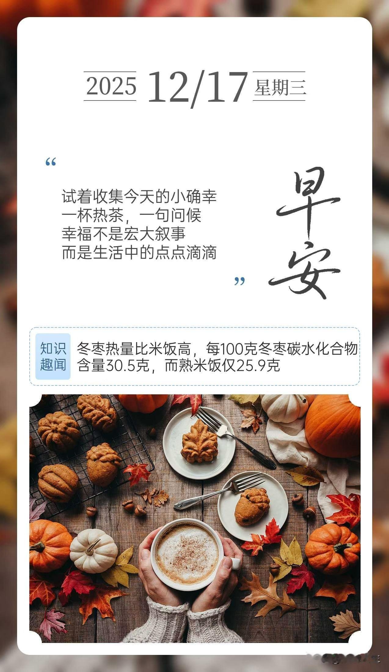 试着收集今天的小确幸
一杯热茶，一句问候
幸福不是宏大叙事
而是生活中的点点滴滴