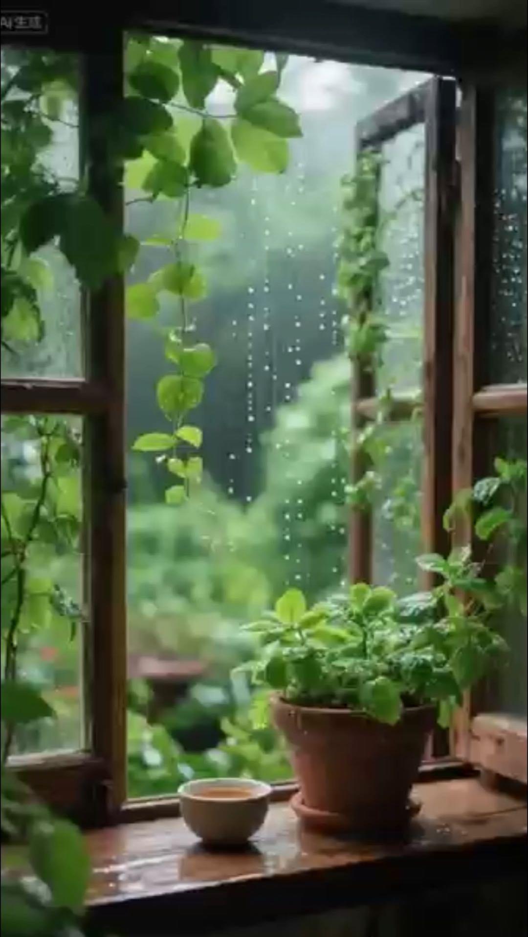 下联：把盏闲听细雨声

赏析：此联以“把盏”对“倚窗”，一闲适一静穆；“闲听”对