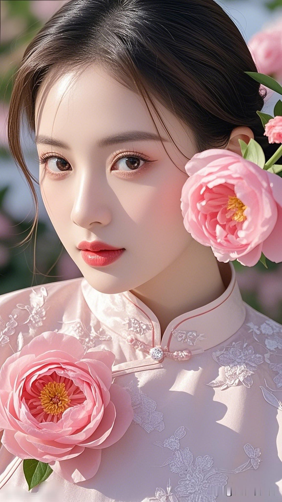 粉嫩少女，花海中的梦幻仙子。温柔眼眸，自然妆容，尽显清新自然美。美女究竟能有多美