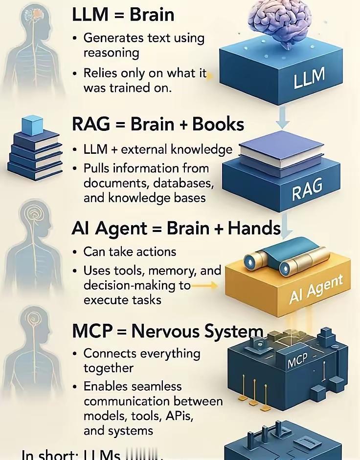 AI四大核心组件·人体类比极简解读
 
1. LLM = 大脑
依靠训练知识推理