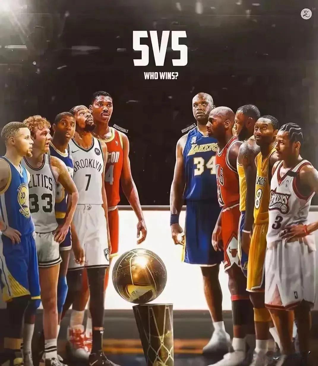 由库里、伯德、魔术师、杜兰特以及大梦领衔对阵艾弗森、科比、詹姆斯、乔丹和奥尼尔，