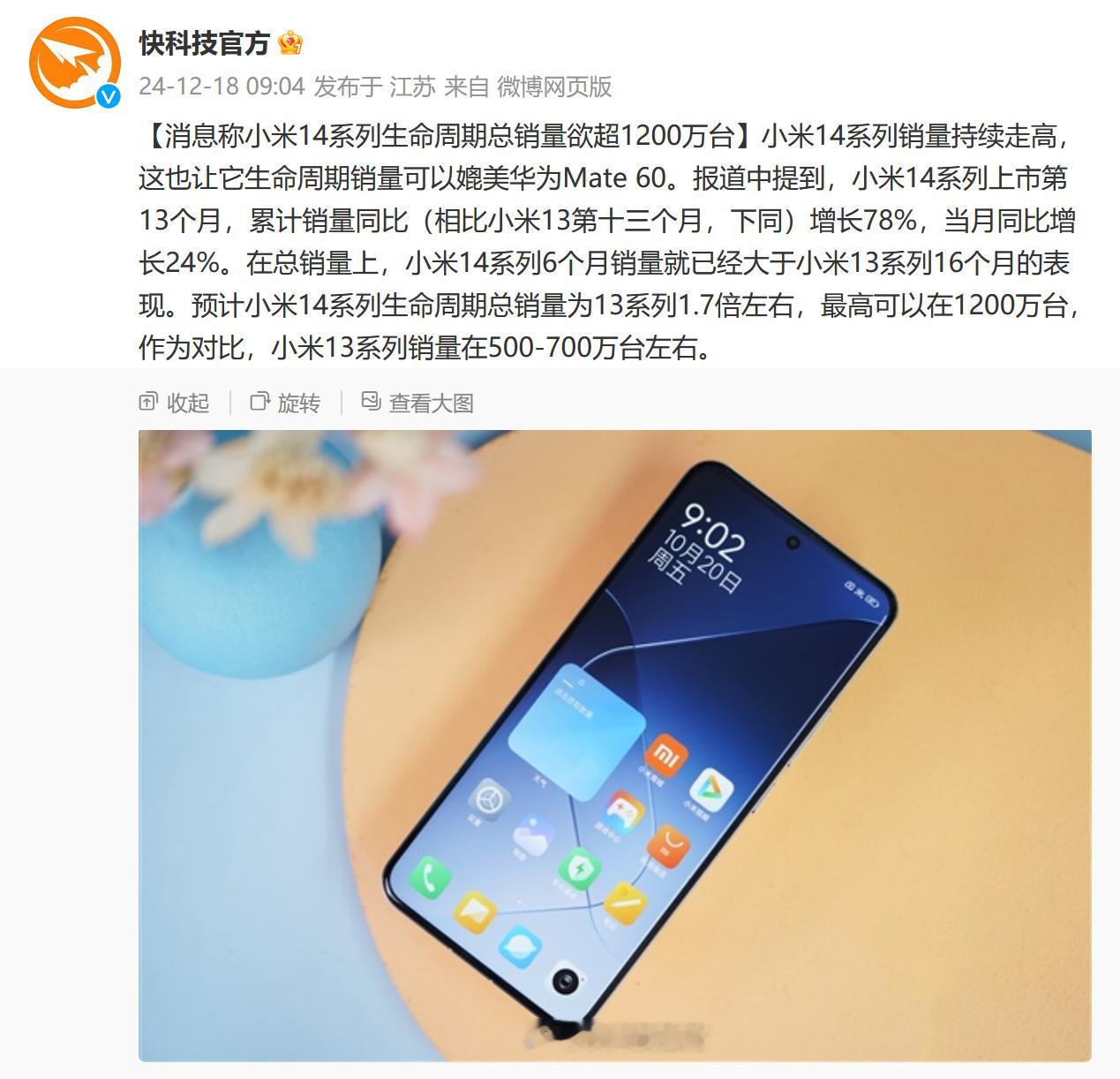 小米 14 系列生命周期销量有望超 1200 万台，追平华为 Mate 60 。