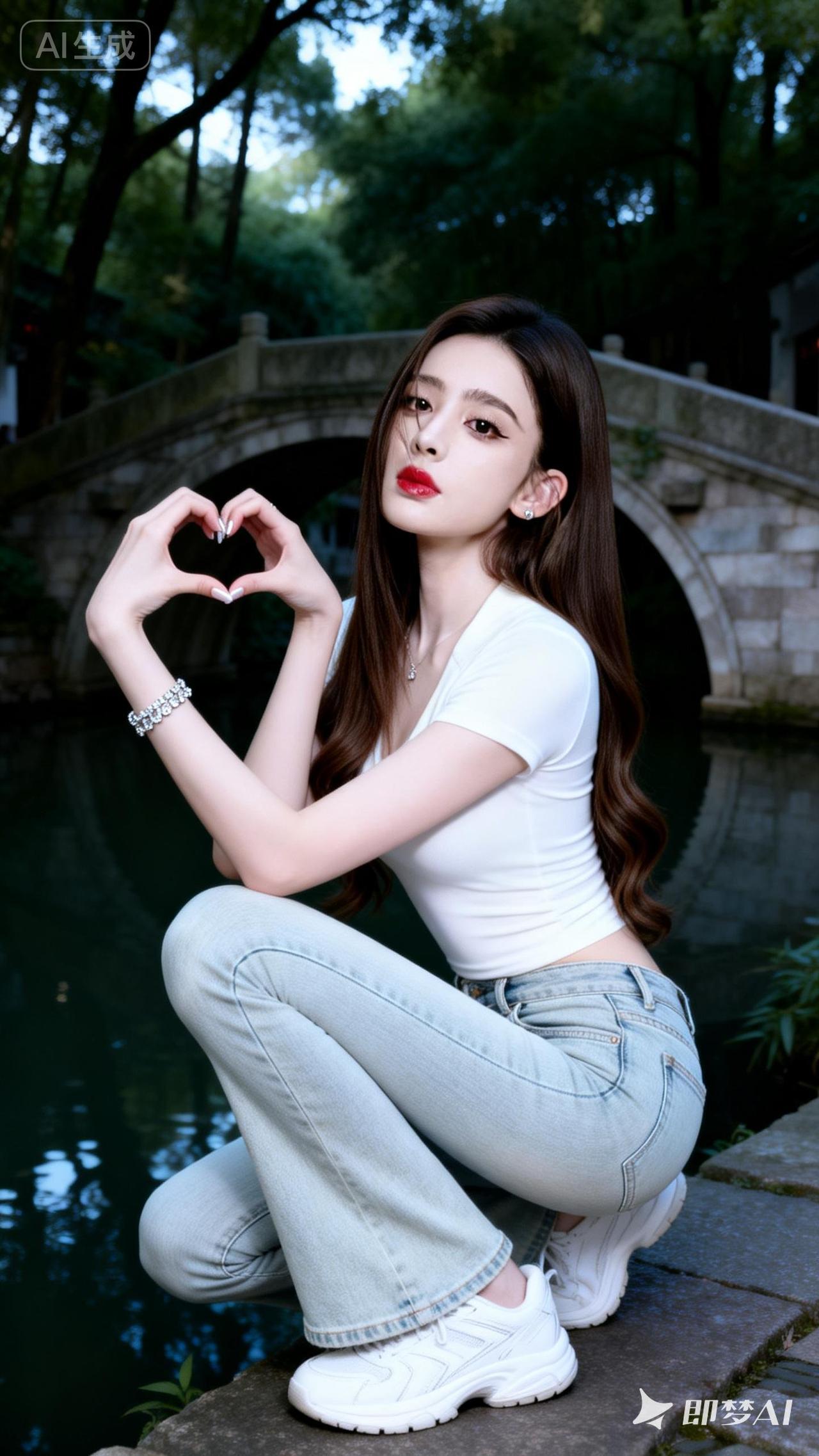 在古桥下，她用双手比出爱心，温柔地微笑着。