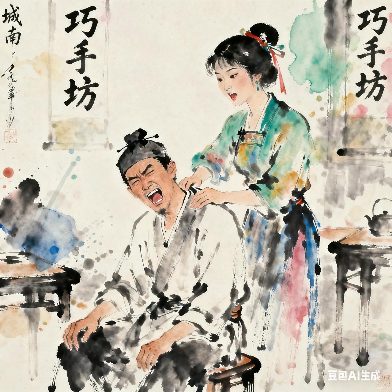 古代笑话

城南“巧手坊”的翠巧按摩力道好，

就是嘴碎。

一日来了位肩颈僵硬