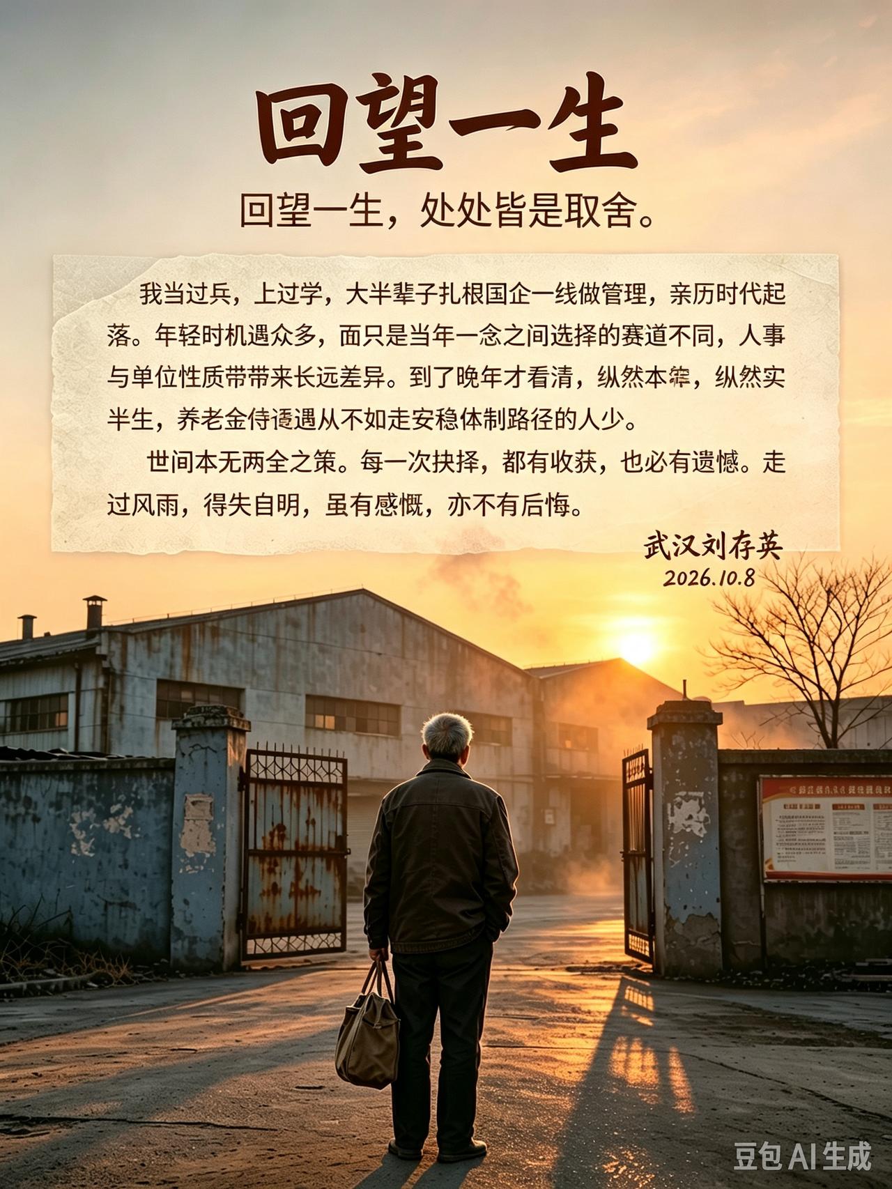 回望一生，处处皆是取舍。
 
69年当兵，上过大学，79年被提拔国家干部。一辈子