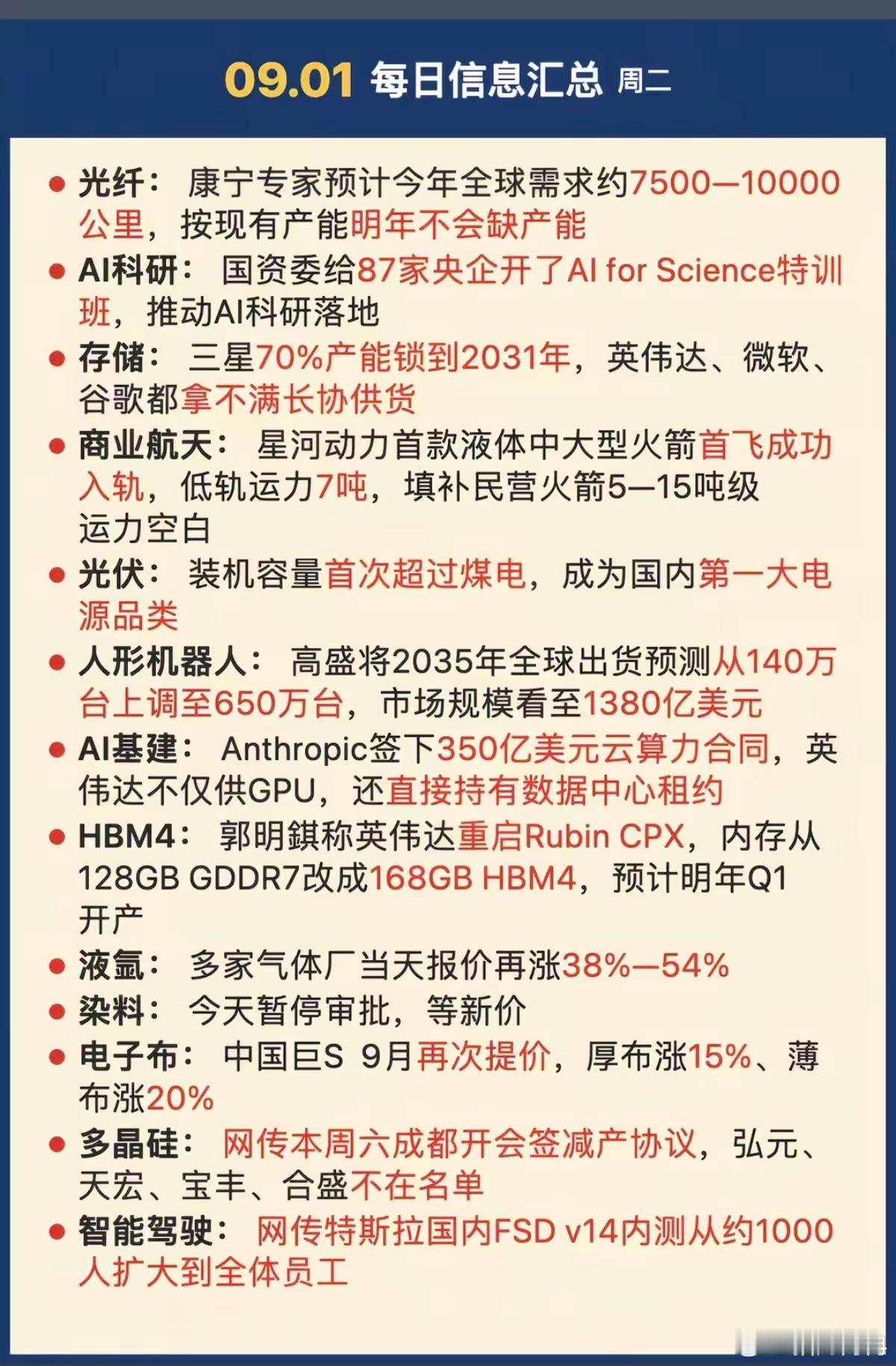 9.01周二  晚间：财经资讯+市场信息！​1.光纤光缆2.存储芯片，三星3.商