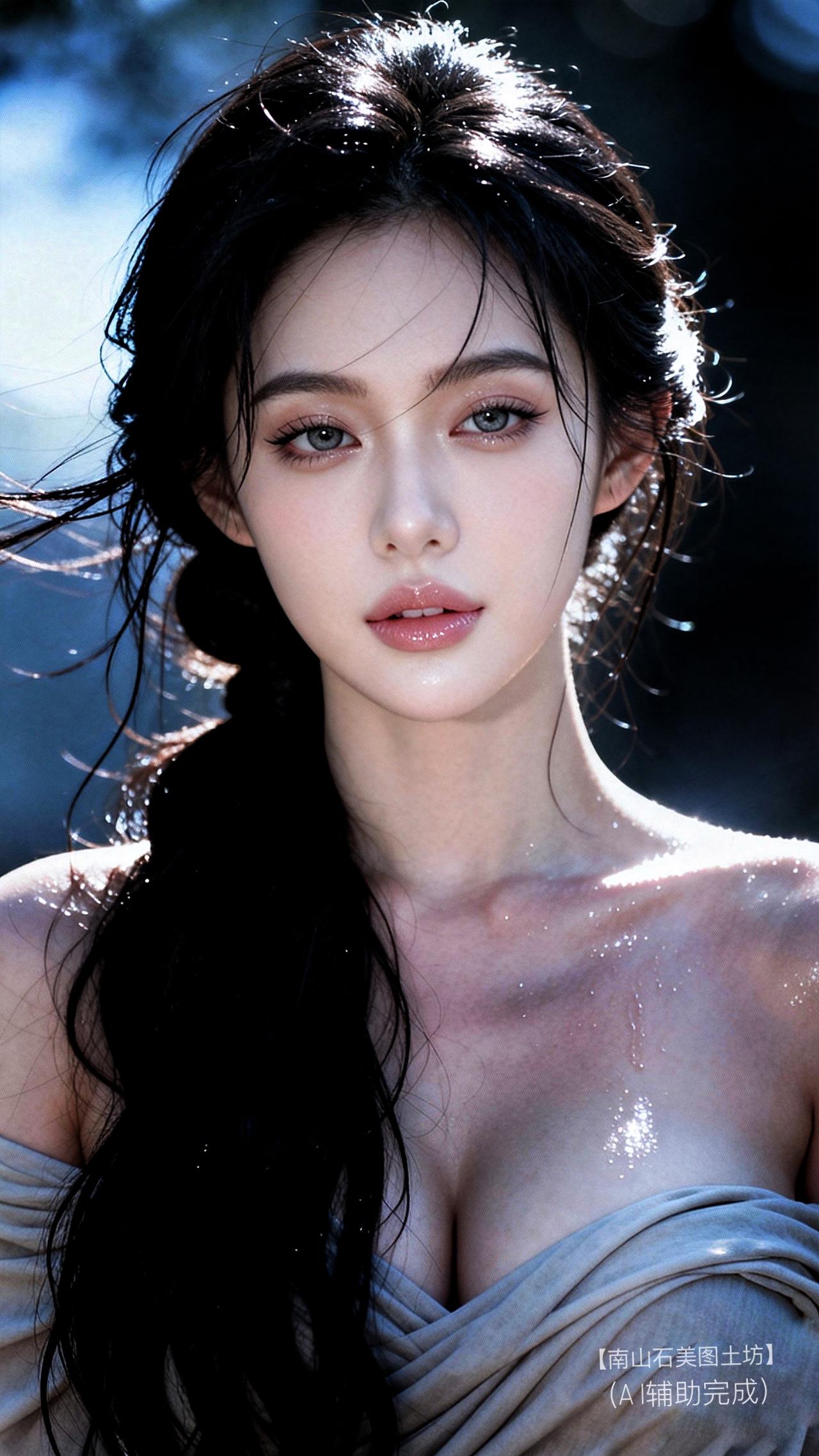 风撩湿发如墨瀑，光吻肌肤似凝霜，轻纱半掩间，眼波漾星河，唇畔藏春樱。明暗交织处，