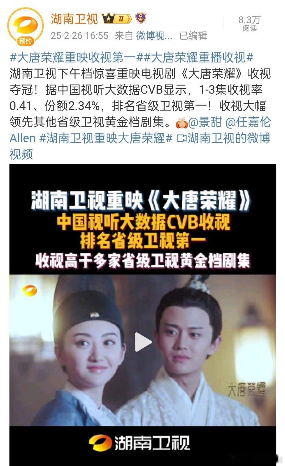 大唐荣耀重映收视第一 天！不仅cvb所有卫视第一！！还比好多黄金档收视高[赞][