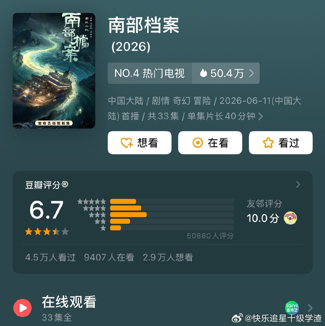 丁禹兮张新成《南部档案》开分6.7 高了低了 