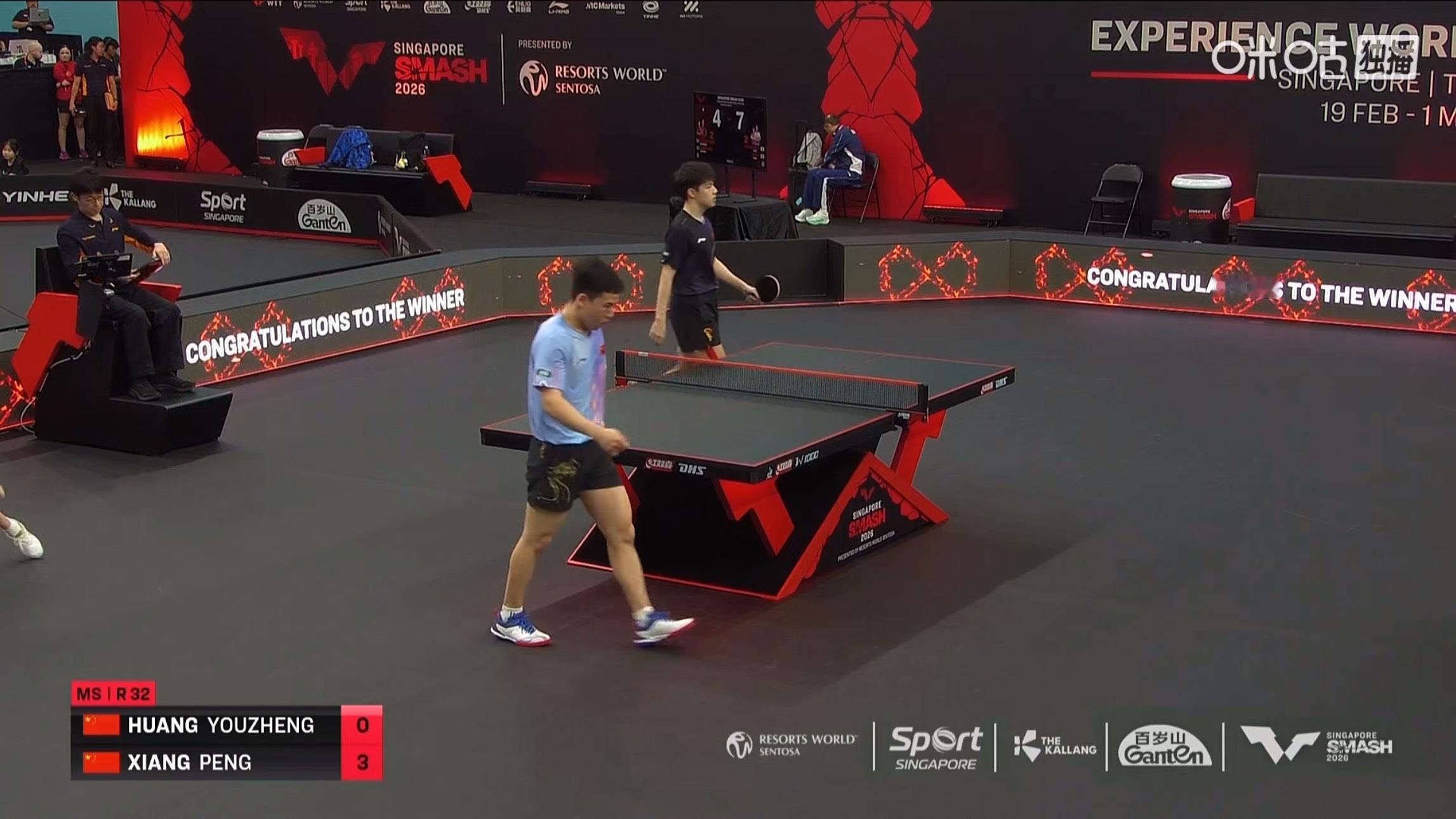 向鹏3比0黄友政(11-7，11-8，11-8)晋级WTT新加坡大满贯2026 