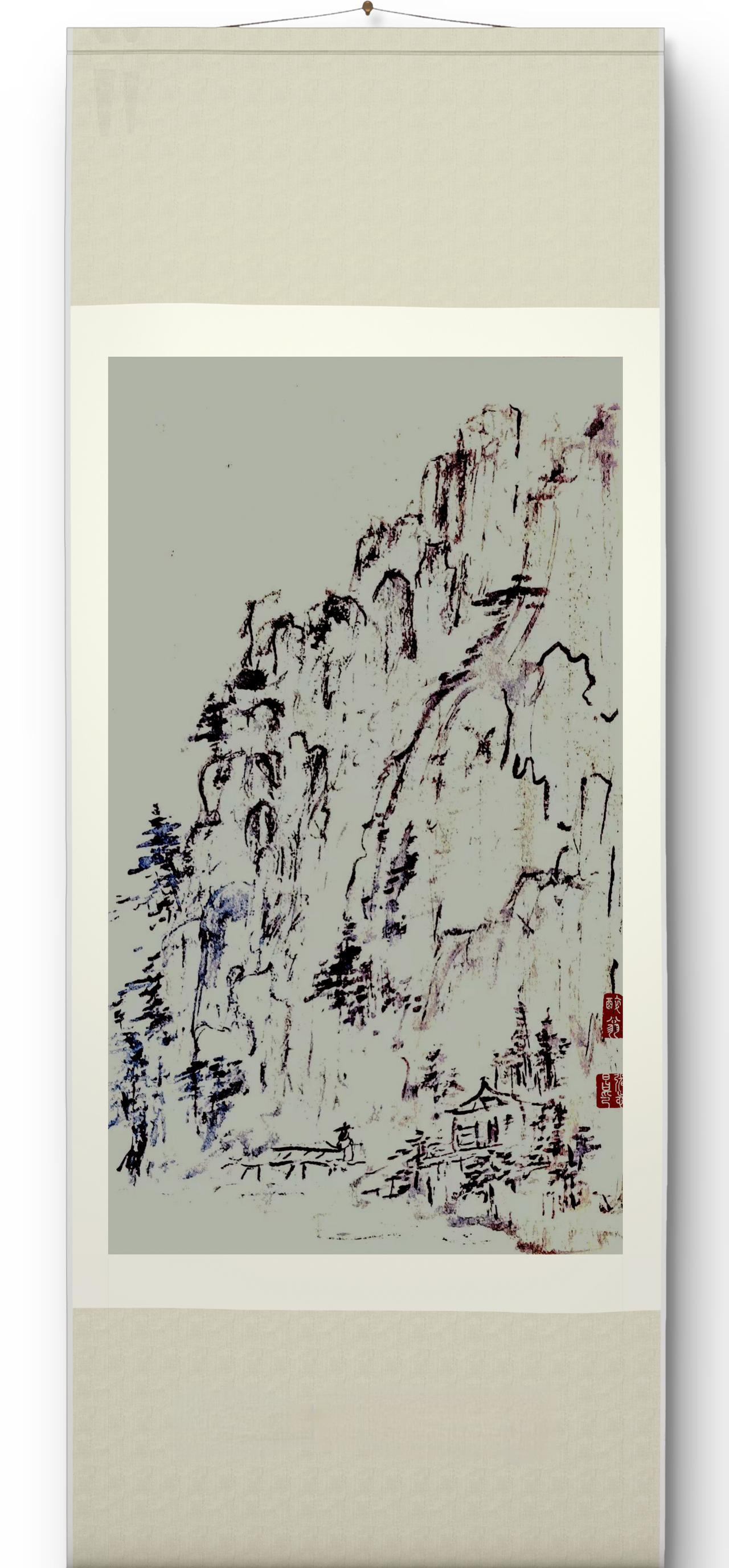 我这“空山新雨后”的水墨画，虽说是信手涂鸦，但也费了不少心思。就像贾景秀的《空山