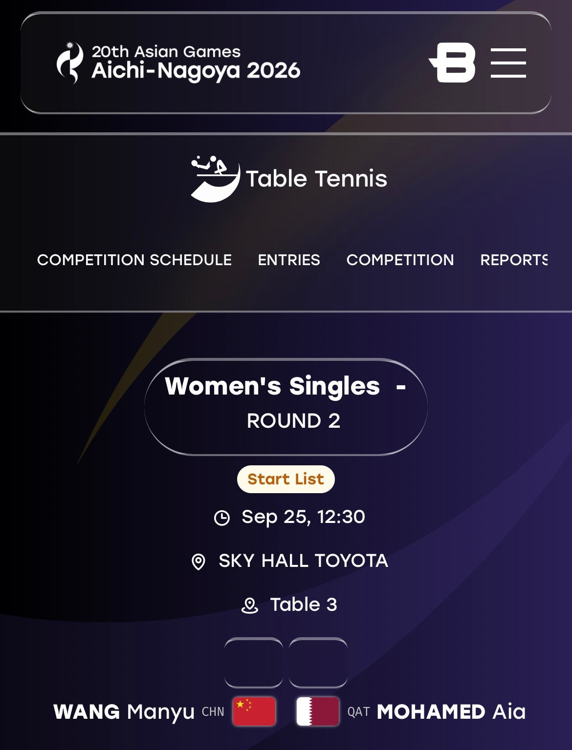 爱知名古屋亚运会 [拳头]王曼昱‪加油‬ 🏓赛事预告🏓女单 R322026.