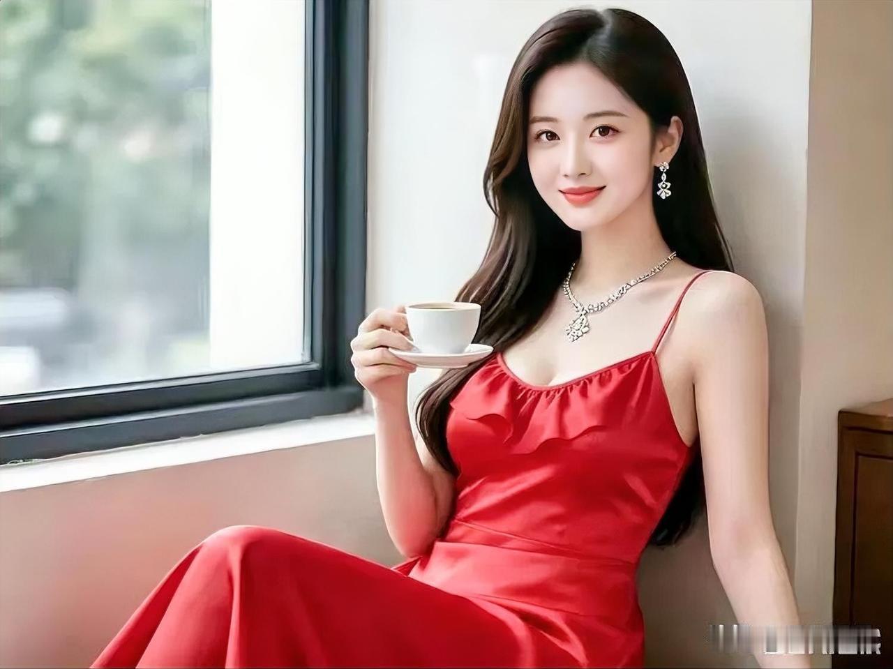 优雅红裙，咖啡时光，静享美好。气质红裙女