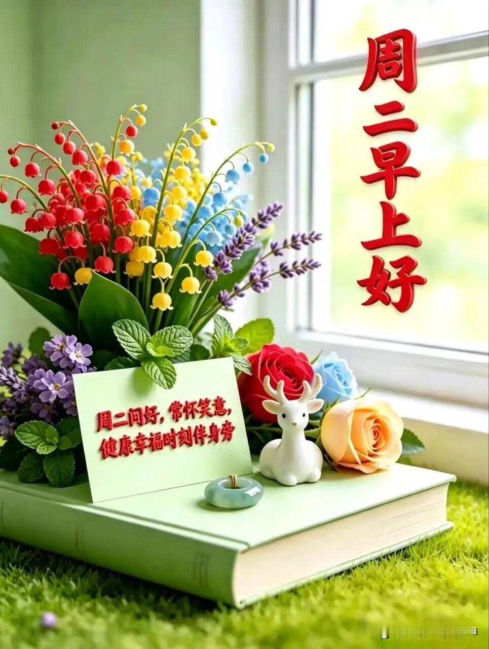 窗边花束和书，美好一天的开始。