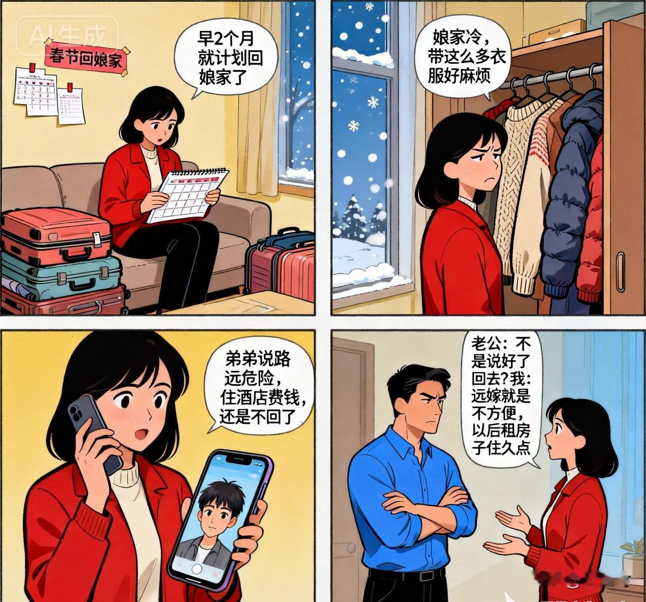 春节打算回娘家，远嫁的我突然又不回了，老公还不理解。

早2个月前就说要回娘家，