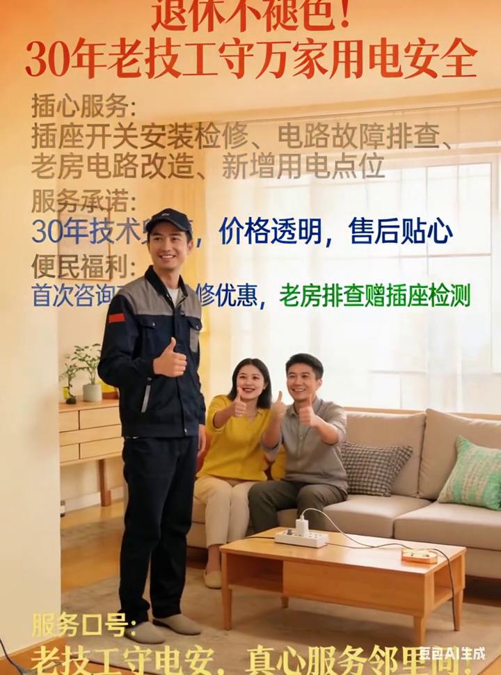退休不褪色！30年老技工守万家用电安全。
插心服务：插座开关安装检修、电路故障排