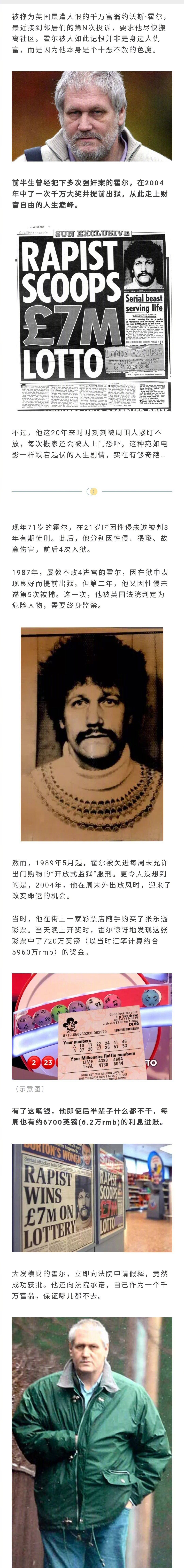 因多次性犯罪入狱的英国犯人，在服刑时因为中了720万英镑大奖而提前假释。出狱后他