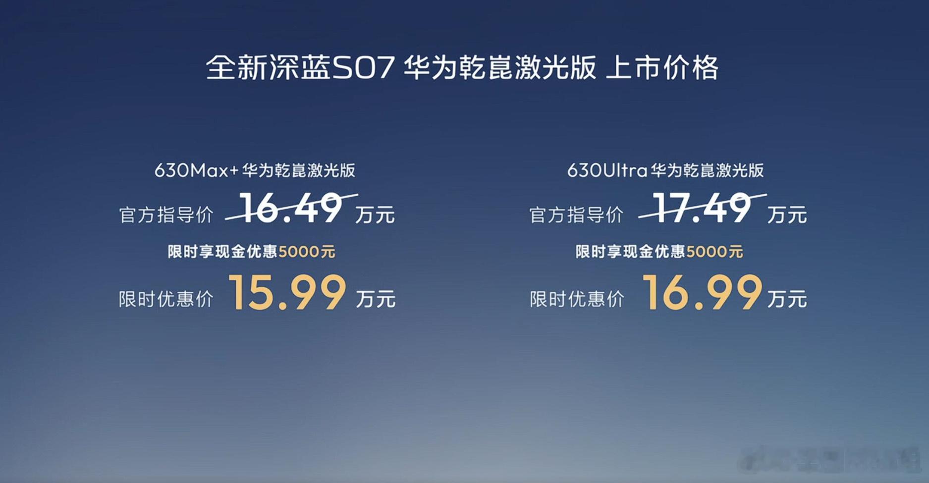 深蓝S07把华为乾崑激光价格打下来了深蓝S07：15.99万，把华为激光智驾拉下