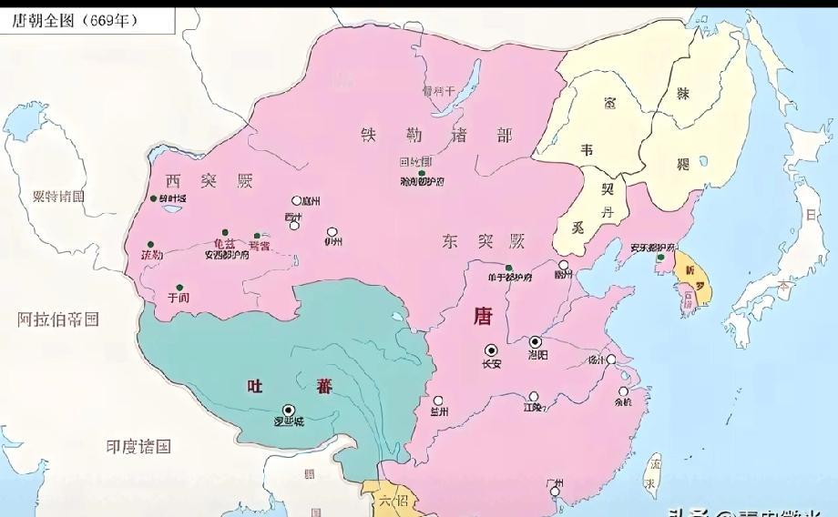 原来唐朝的领土面积是在不断变化的，这是一张公元669年的地图，此时的大唐还比较强