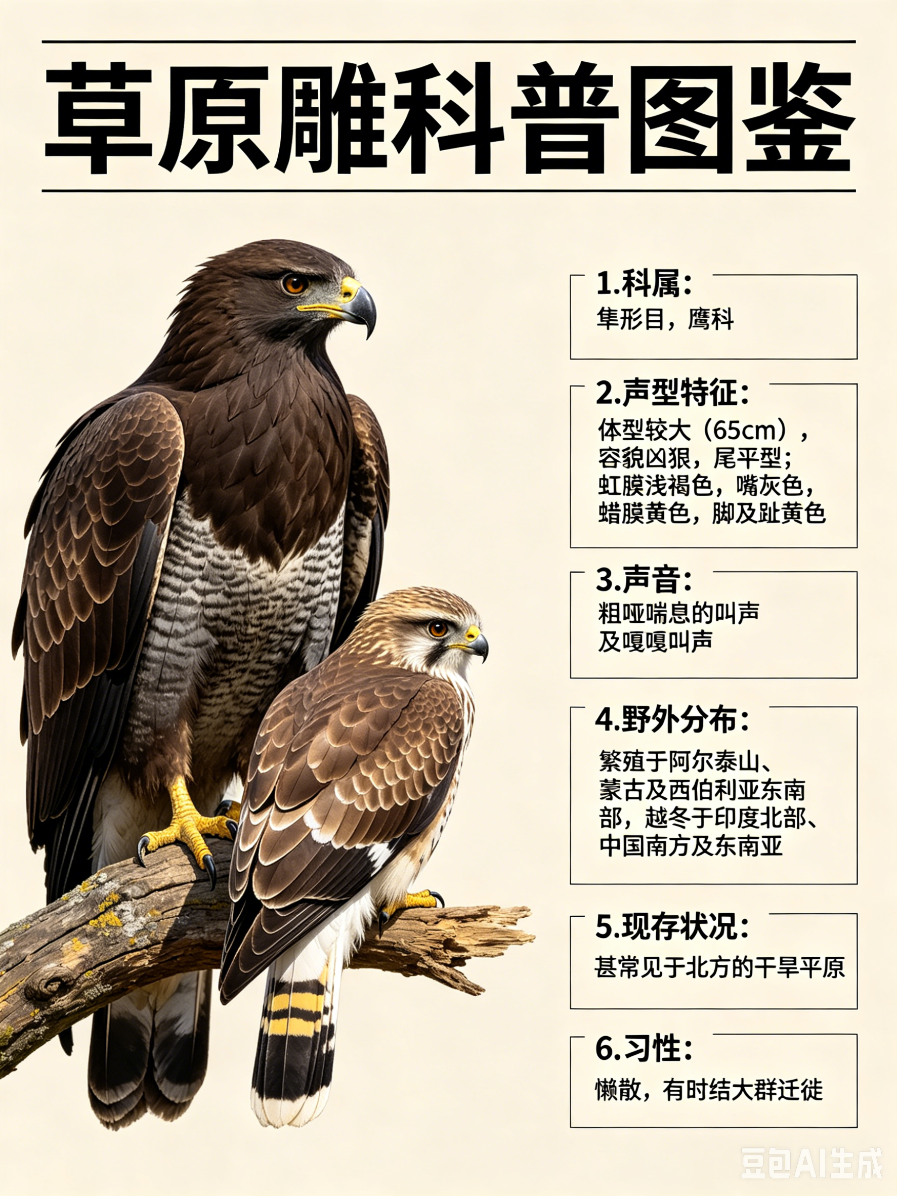 鸟类朋友图鉴 草原雕·科属：隼形目，鹰科。·外形特征：体型较大（65cm）的全深