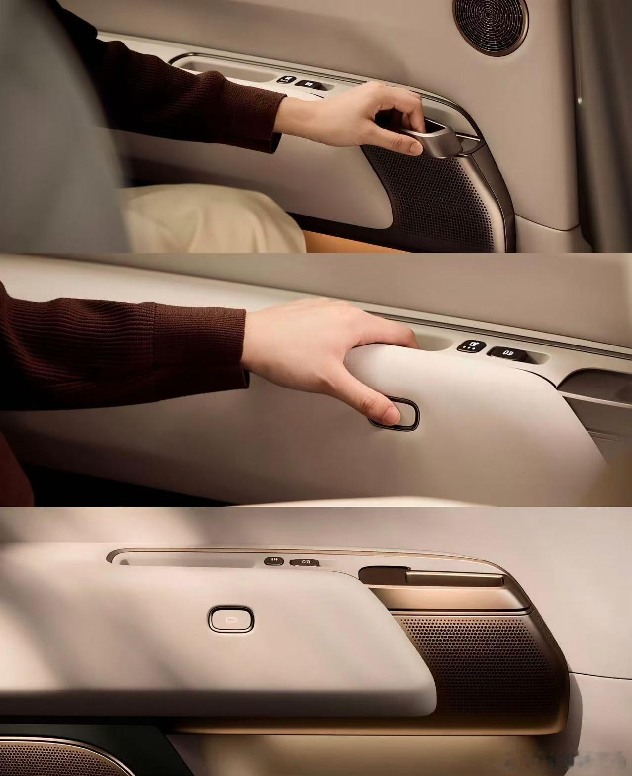 理想全新L9这个门板及开门机构还真的是高级…常规按键开启触手可及，机械拉手和音箱