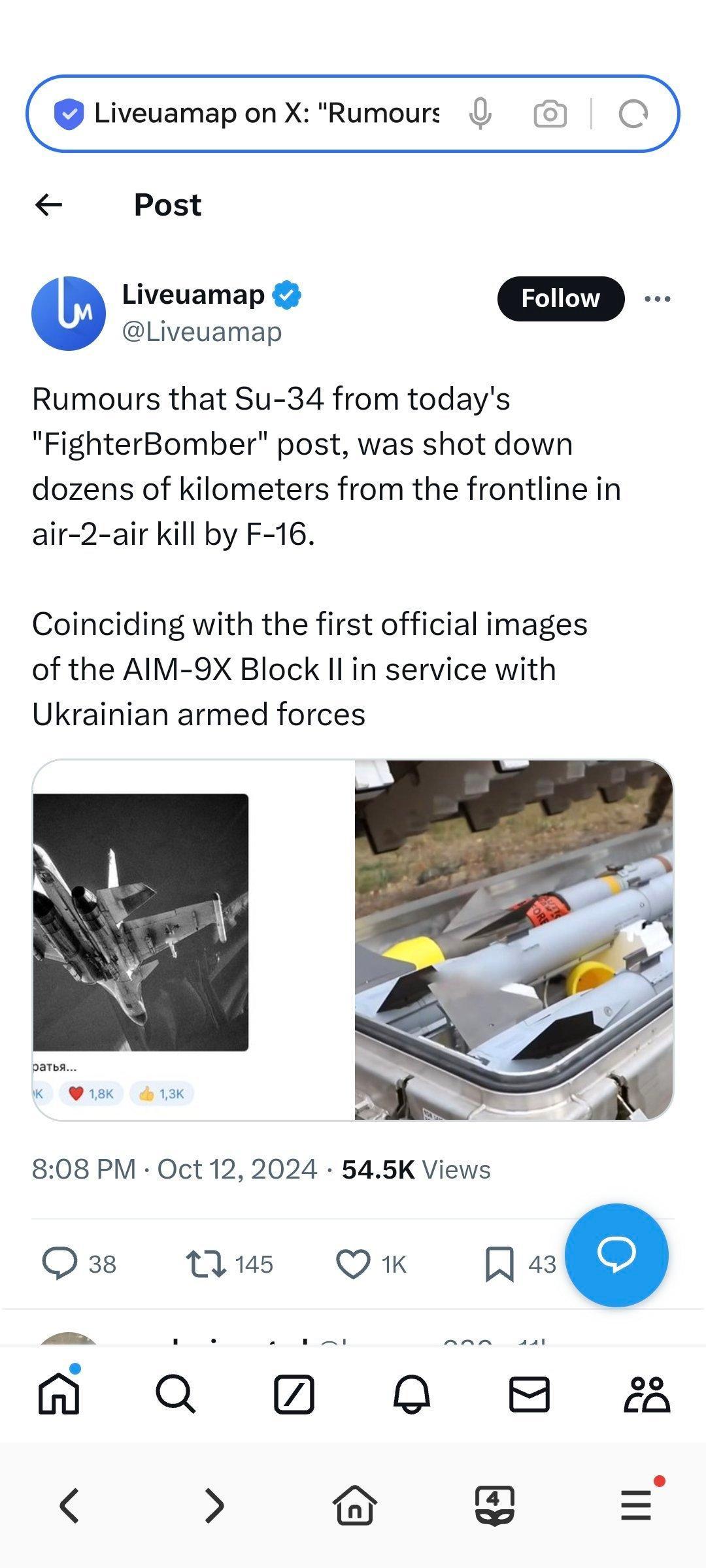 有传闻称，俄军的苏-34是被乌克兰F-16发射的AIM-9X击落的。电报群上的 