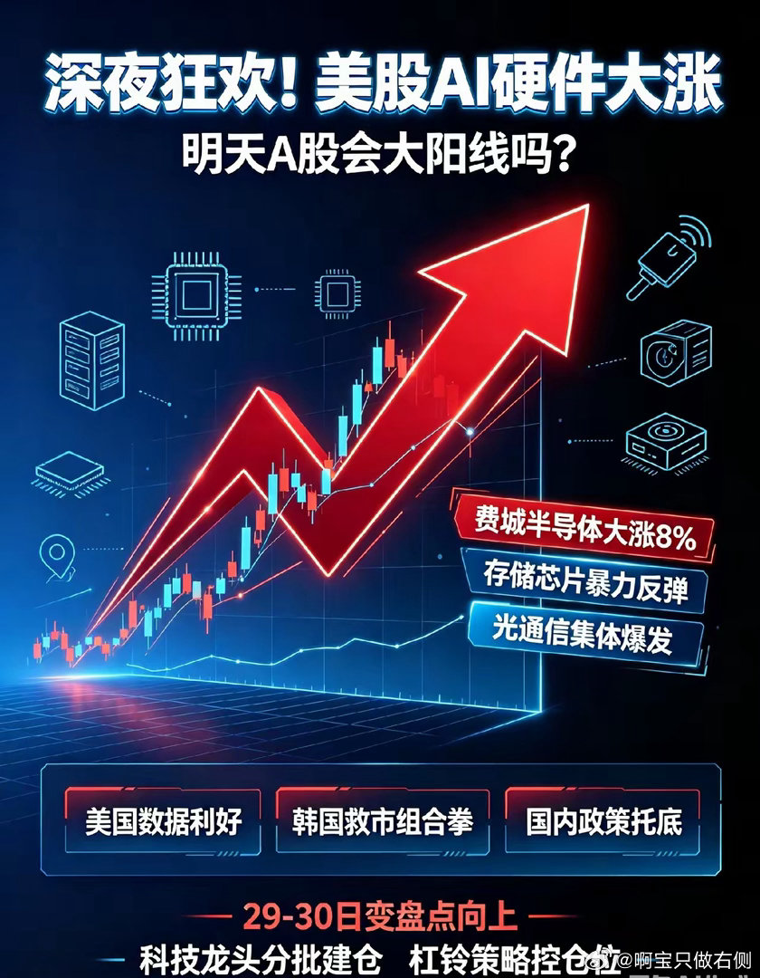 深夜狂欢!美股AI硬件大涨,明天A股会大阳线吗？兄弟们，今晚大洋彼岸直接上演深夜
