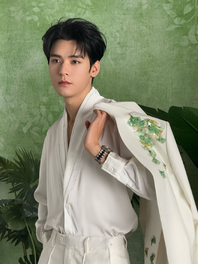 龚俊白西装上一抹绿 龚俊白西装上一抹绿，龚俊中国网络视听盛典造型大片 