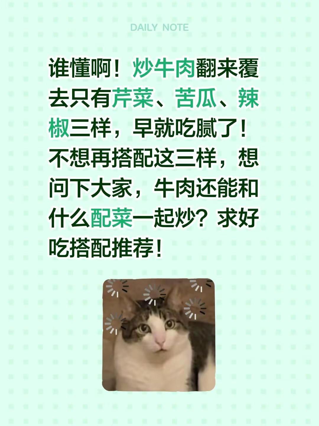 谁懂啊！炒牛肉翻来覆去只有芹菜、苦瓜、辣椒三样，早就吃腻了！不想再搭配这三样，想