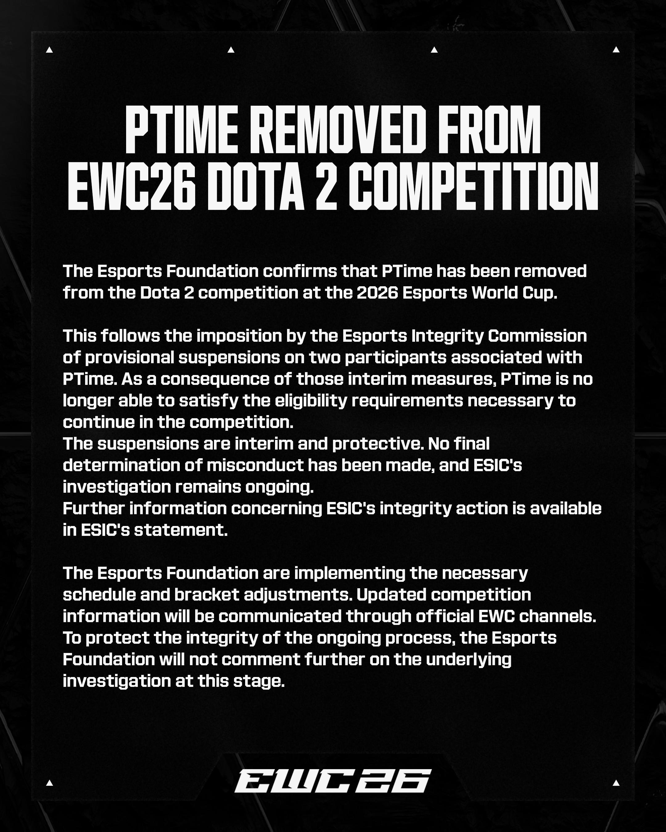 最新进展：EWC主办方电竞发展基金会宣布取消了PlayTime的参赛资格，具体调