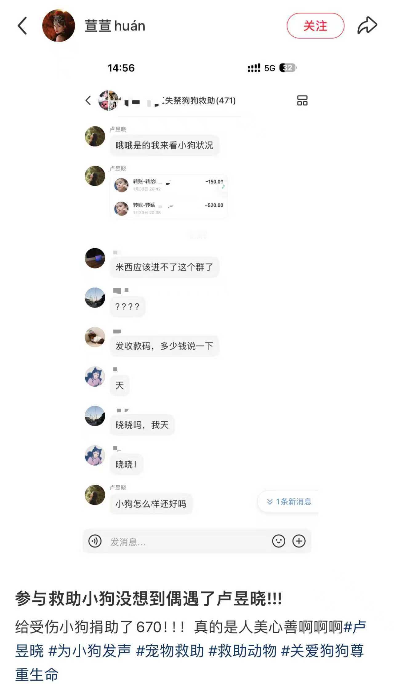 卢昱晓为受伤小狗捐款 网友参与救助小狗偶遇卢昱晓，给受伤的小狗卷轴了670元，群