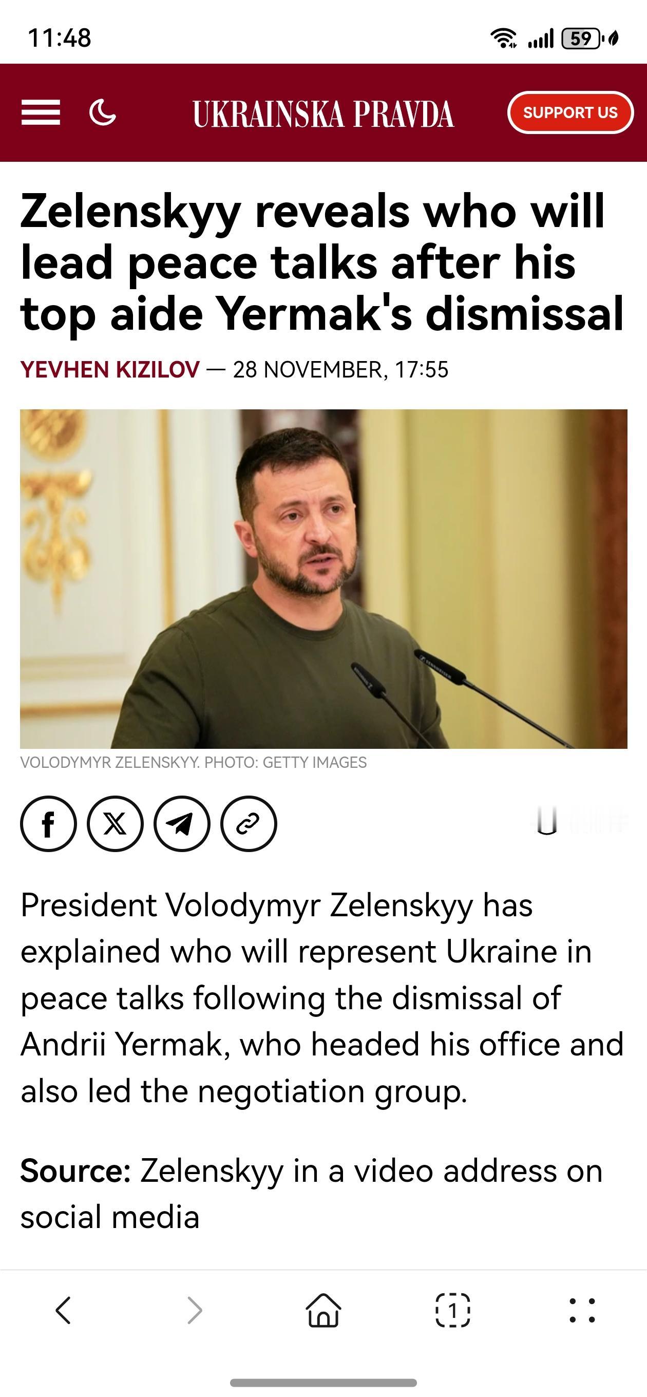 日前，泽连斯基在社交媒体上发布的视频讲话，就和平谈判代表人选作出说明。在解除负责