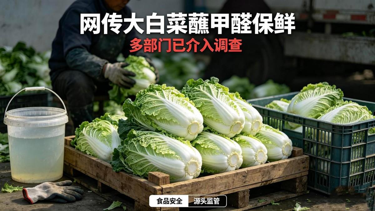 在张家口收菜点，工人把白菜根往药水里一按，就装车了。博主拿去送检，报告出来：甲醛