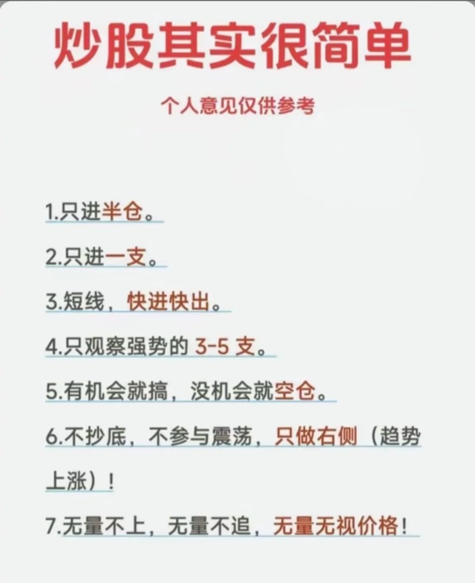 炒股七条短线心得这套短线实操思路实用性很强，核心是控风险、抓强势。仓位严格半仓，