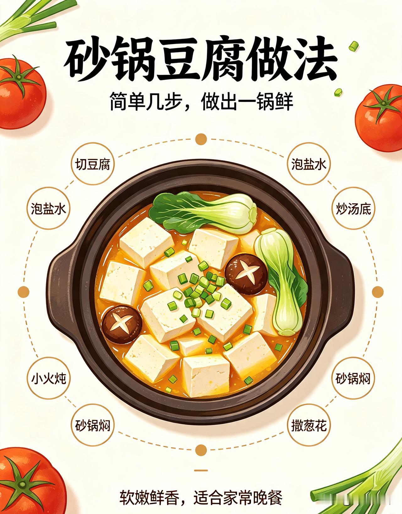 准备嫩豆腐、香菇、青菜、少许五花肉。豆腐切块，淡盐水浸泡防碎。五花肉切片煸炒出油