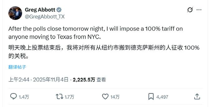德州州长：明天晚上投票结束后，我将对所有从纽约市搬到德克萨斯州的人征收 100%