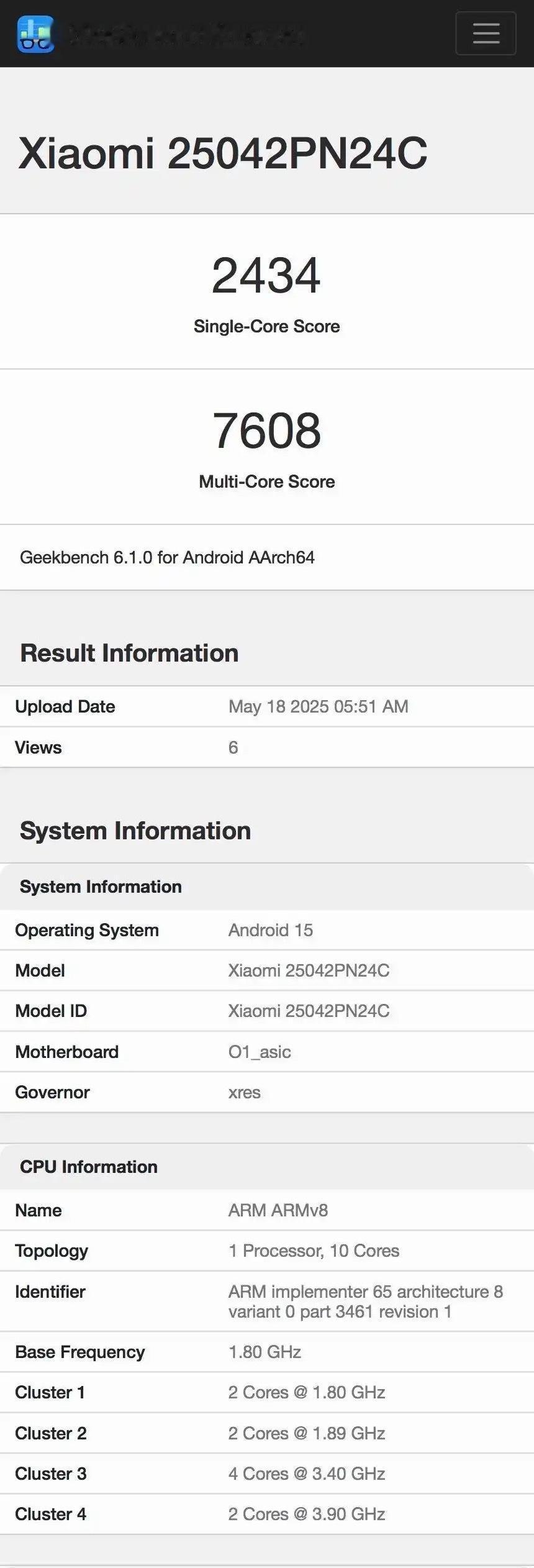 疑似小米玄戒O1 Geekbench跑分成绩曝光（图一），单核2434分，多核7
