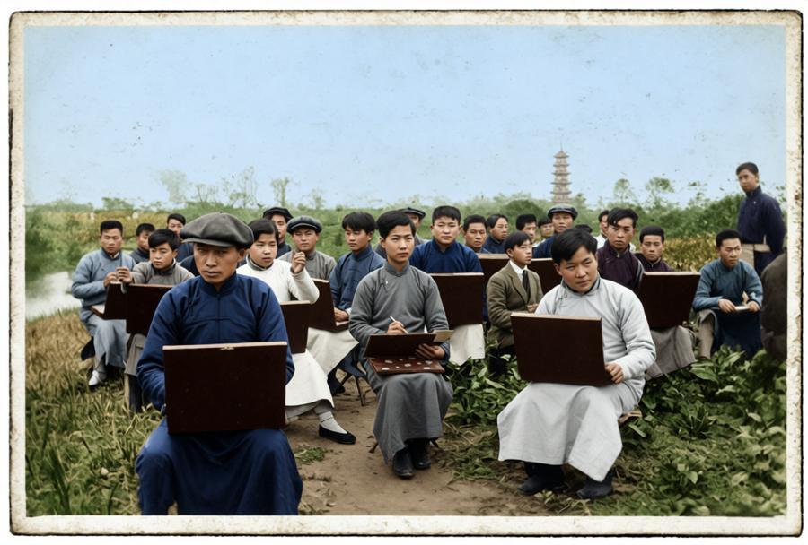 1918年，上海美术专科学校学生在龙华开展户外写生，数十位学生聚在龙华郊外的草地