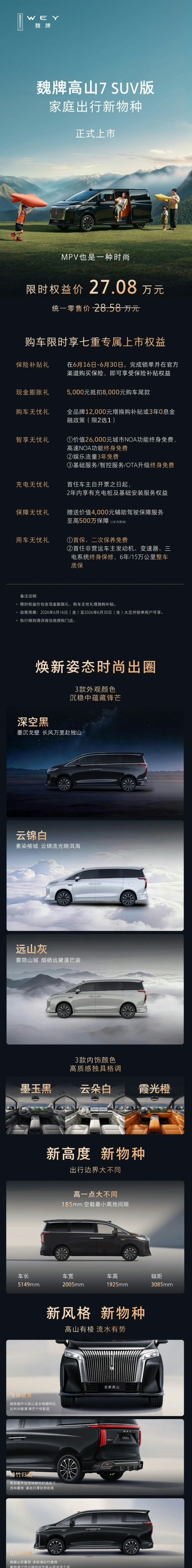 现在MPV慢慢都往家用方向靠拢，既要实用耐看，也要适配多种出行场景，魏牌高山7 