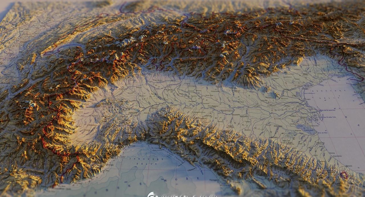 阿尔卑斯山上的日出。1965 年地图的 3D 渲染。