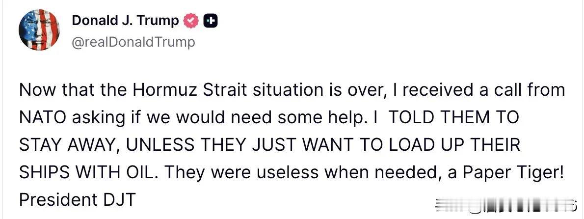 唐纳德·特朗普嘲笑北约，声称在霍尔木兹海峡紧张局势缓和后，他们主动提出提供帮助。