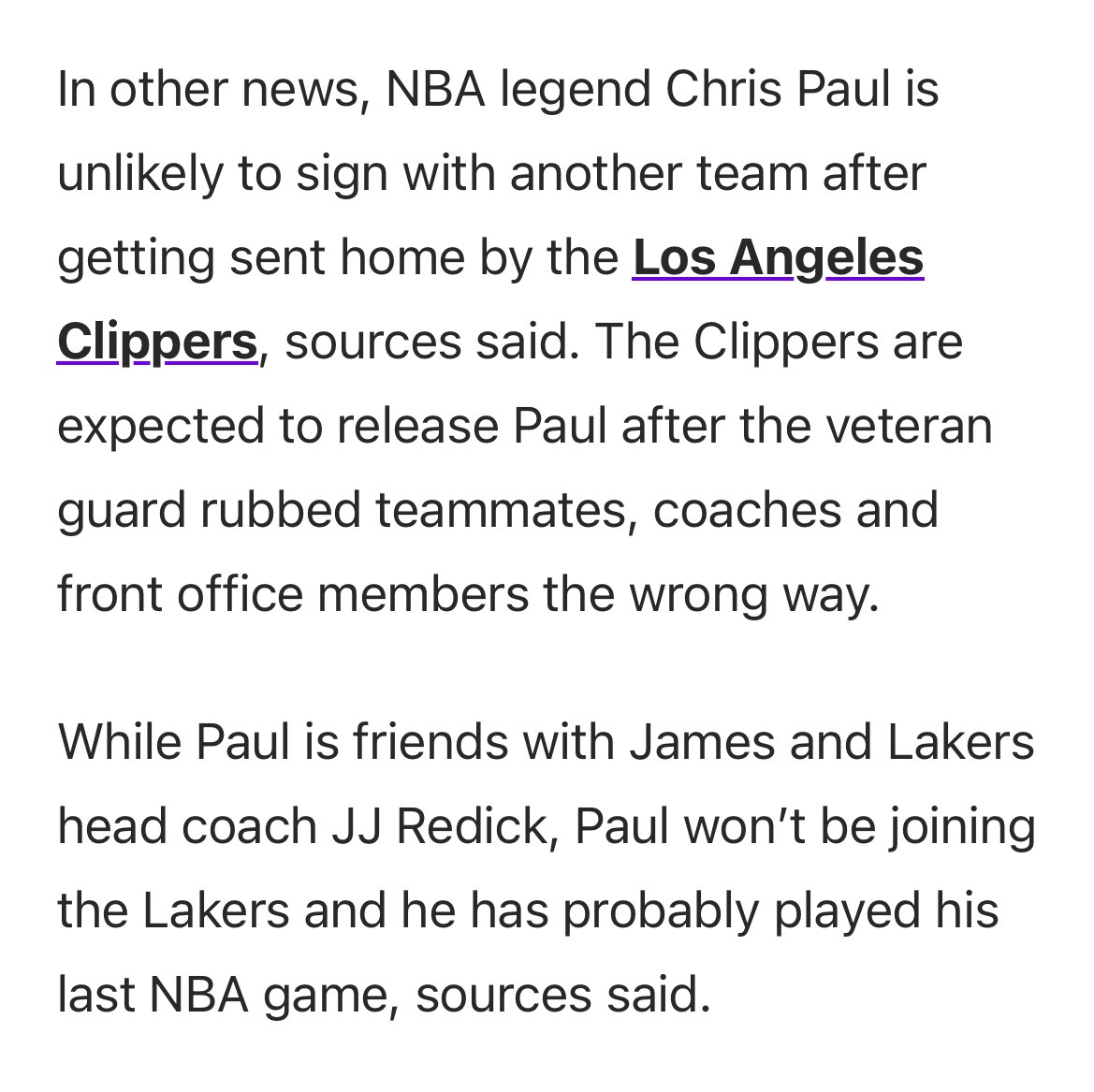 Lakers Daily：保罗被洛杉矶快船队弃用后，大概率不会再与其他球队签约。