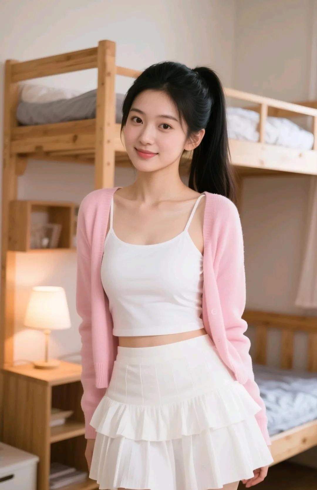 少女心满满，粉色毛衣搭配白色裙装，元气满满的一天！🌸💕
